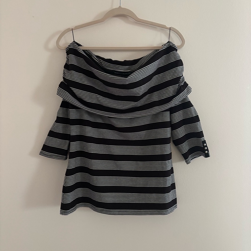 WHBM Black & White Stripe Off-The-Shoulder Ruched Sleeve Top L